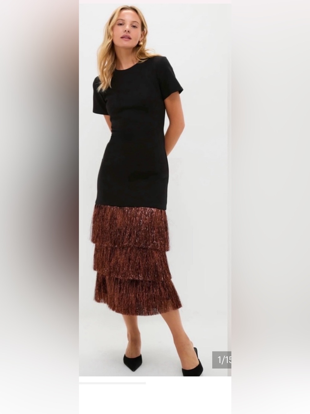Hyacinth House Black Midi Dress with Copper Metallic Fringe Hem